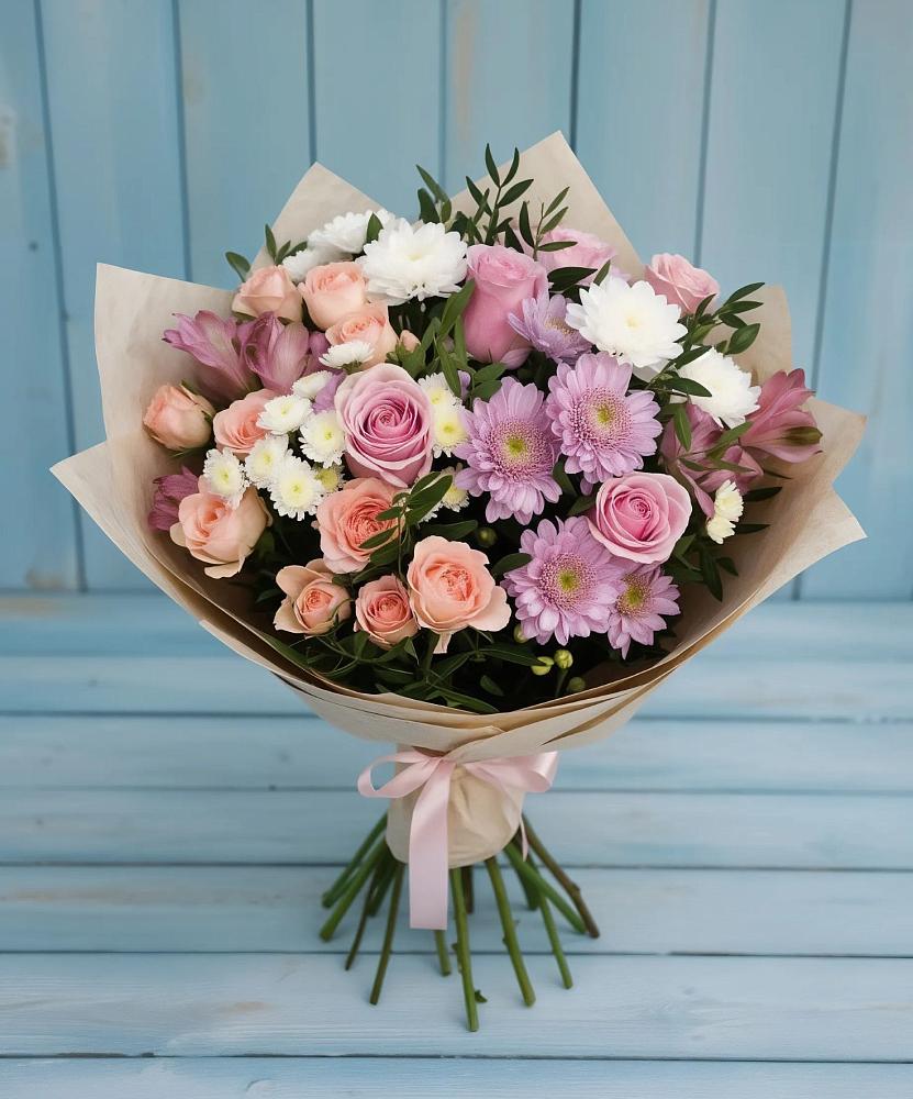 Букет цветов из: Хризантемы, Розы и Альстромерии в Высоцком