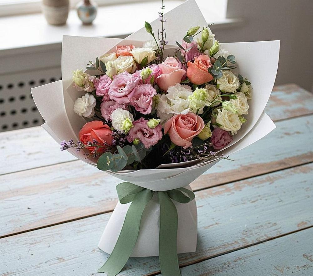 Букет цветов из: Розы, Лизиантусы и Гвоздики в Высоцком