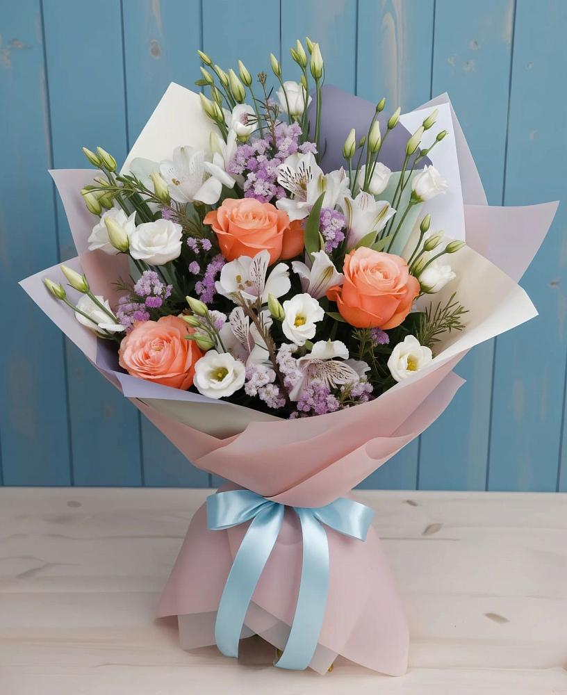 Букет цветов из: Лизиантусы, Розы, Альстромерии и Гипсофила в Высоцком