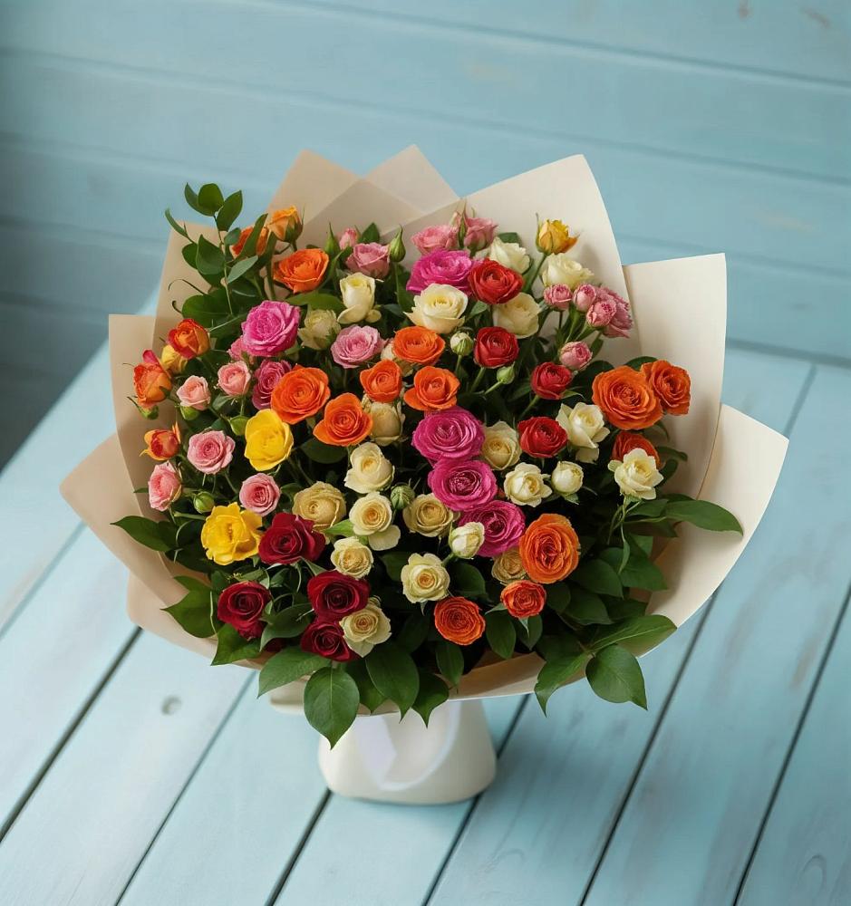 Букет Микс из разноцветных кустовых роз в Высоцком