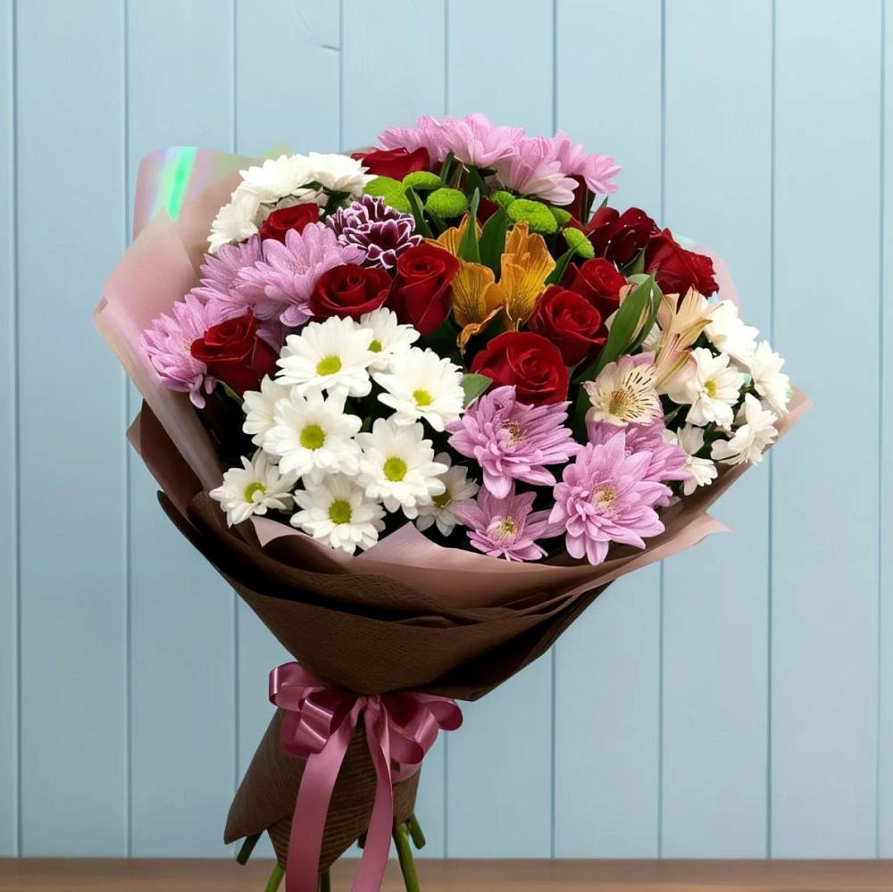 Букет цветов из: Розы, Хризантемы и Альстромерии в Высоцком