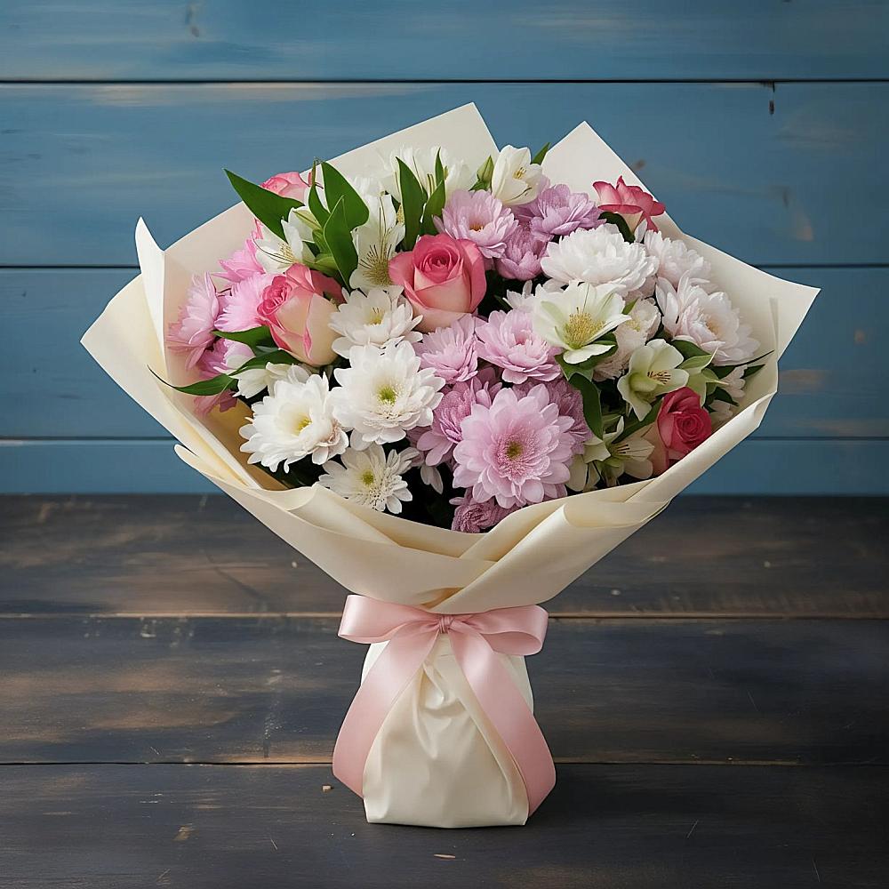 Букет цветов из: Хризантемы, Альстромерии и Розы в Высоцком